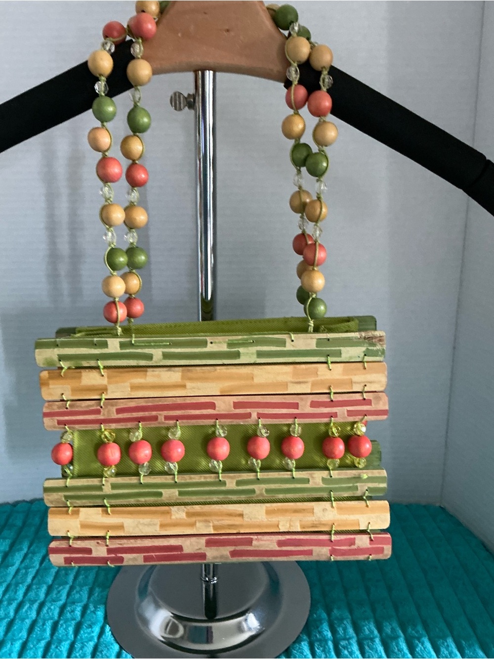Unique mini Handcrafted Beaded Bamboo purse in Green, Orange, &Yellow.